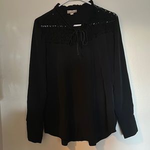 LOFT Outlet Black Long Sleeve Top with Floral Lacey Tie Collar Size Large
